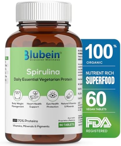 Blubein Spirulina Tablets 2000 mg Per Serving | High-Protein Superfood for Men & Women | Supports Energy, Immunity, Gut Health & Weight Management 100% Organic | Non-GMO & Certified | 60 Tablets