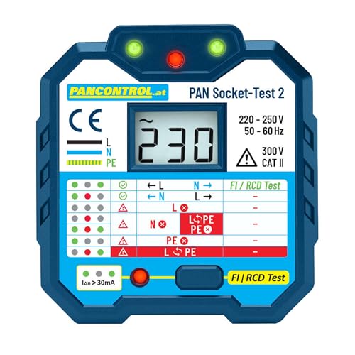 Pancontrol PAN Socket-Tester FI, Steckdosen-Prüfer + 30mA FI-Test, 90V - 250V AC