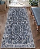 Tangsoo Washable Runner Rug for Hallway Non Slip, 2x5 Boho Floral Vintage Carpet Runner Rugs for Entryway, Floor Soft Low Pile Runners for Kitchen Bathroom Laundry Bedroom Alfombra Blue Farmhouse