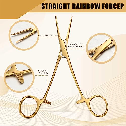 Image of BBTO Hemostat Curved and Straight Hemostat Forceps Piercing Pliers Forceps, Stainless Steel Straight and Curved Pliers, Fishing Tweezer(Gold,2 Pcs)