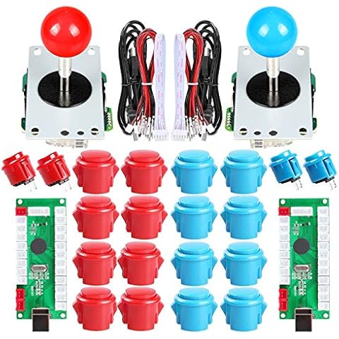 EG STARTS 2 Player USB Controller To PC Game 2x 5Pin Stick + 4x 24mm Push Button + 16x 30mm Buttons For Arcade Games DIY Cabinet Kits Parts Mame SNK KOF Raspberry Pi Retropie Projects & Red / Blue Cover