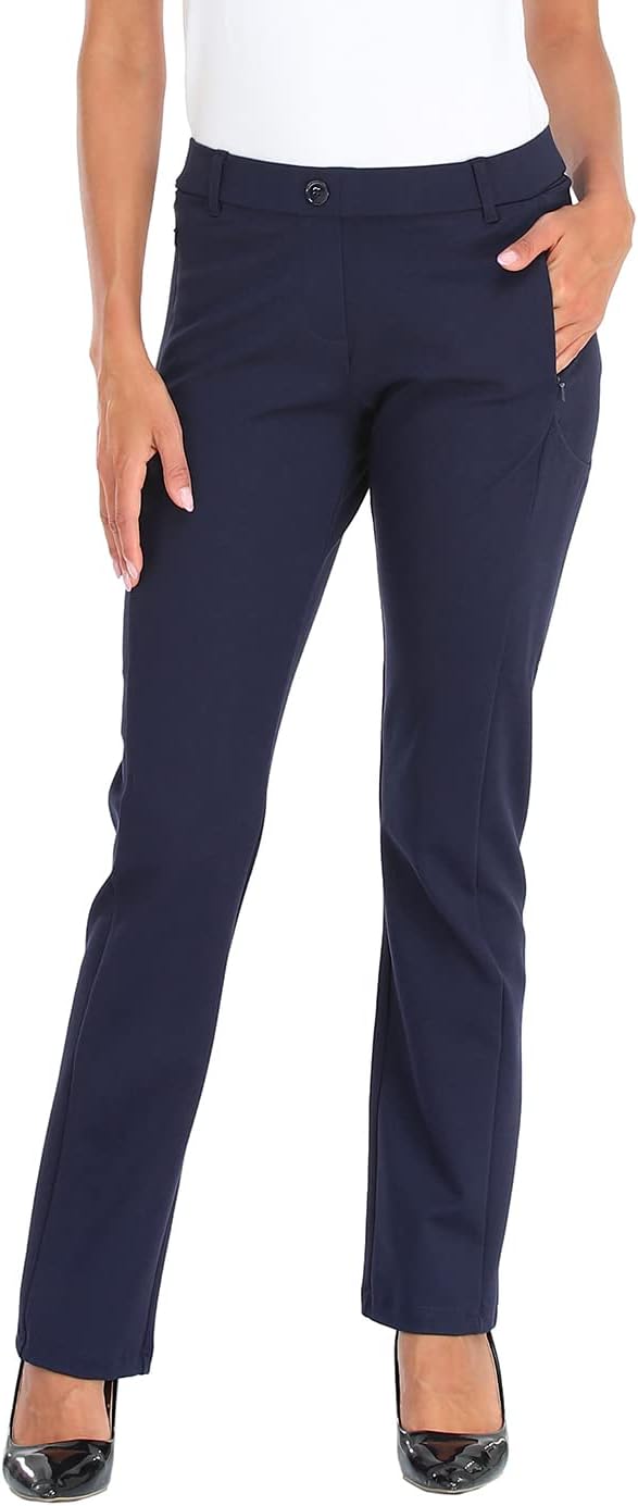 HDE Yoga Dress Pants for Women Straight Leg Pull On Pants with 8 Pockets