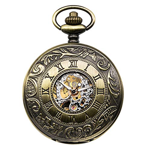 Image of TREEWETO Men's Mechanical Skeleton Pocket Watch for Mens Women Blue Roman Numerals Dial Double Case Pocket Watches