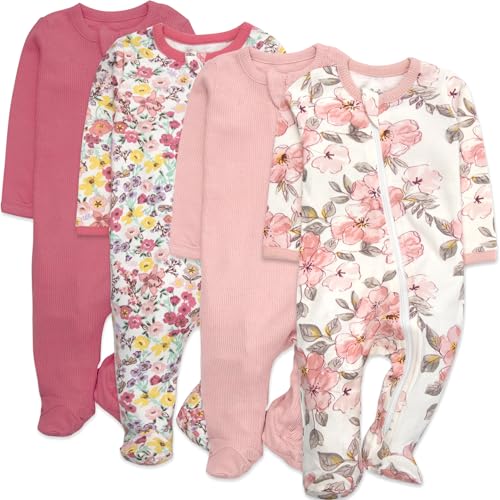 Image of Baby Essentials Baby Girls 4 Piece Outfit Set – Footie Sleepwear Pajama Bodysuits – Spring & Summer Baby Clothes Gift Set