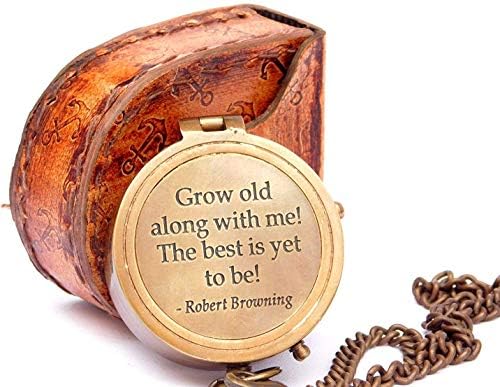 Grow Old with ME Engraved Brass Nautical Compass ON Chain with Leather CASE
