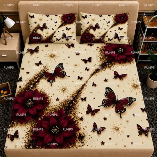 Image of RUMPS Premium 7D HD Digital Printed Butterfly Floral King Size Flat Bedsheet with 2 Pillow Covers | Luxury Maroon Flower Design with Golden Accents | Elegant Home Decor Bedding Set | Super Soft