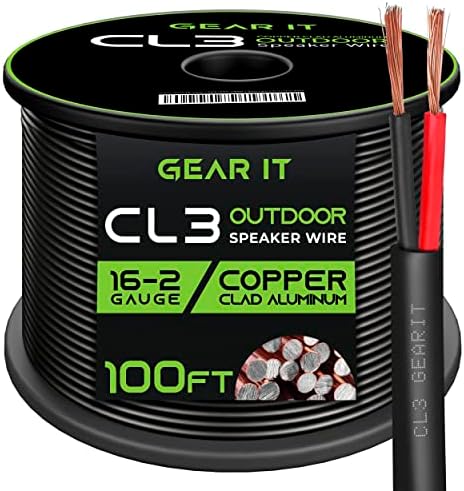 GearIT 16/2 Speaker Wire (100 Feet) 16 Gauge (Copper Clad Aluminum) - Outdoor Direct Burial in Ground/in Wall / CL3 CL2 Rated / 2 Conductors - CCA, Black 100ft