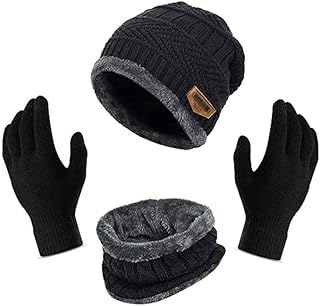 FF Winter Knit Beanie Cap Hat Neck Warmer Scarf and Woolen Gloves Set Skull Cap for Men Women - Winterwear Combo Set of Wo... Price In India