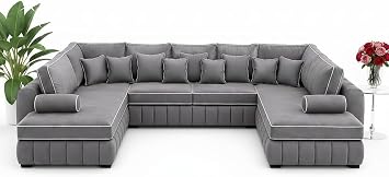 Modern Lilly U-Shaped Corner Sofa Set   Large Modular Sectional with Grey Fabric Upholstery, Deep Seating & Scatter Back Cushions, Luxury Living Room Lounge Furniture