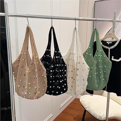 Women Boho Crochet Bag With Colored Beads Large Capacity Knitted Tote Handbag4