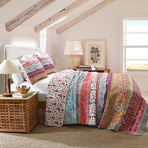 Boho Style King Quilt Set Reversible Bohemian Floral Strip Quilt Beddding Set, Soft and Lightweight Bedspread for All Season, Oversize King Bed Coverlet with 2 Matching Pillow Shams (3 Pieces) by HORIMOTE HOME - Used condition - Image 5