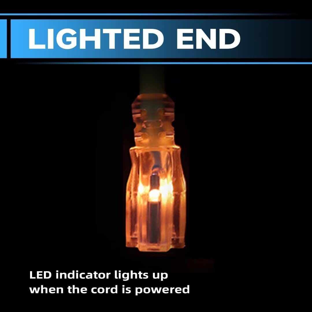 25 Ft Lighted Outdoor Extension Cord - 10/3 SJTW Heavy Duty Black Extension Cable with 3 Prong Grounded Plug for Safety, UL Listed
