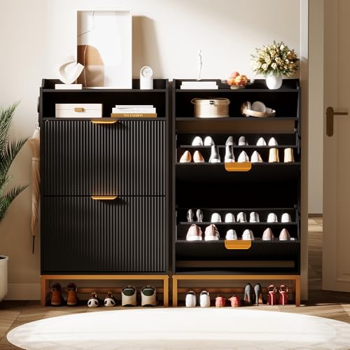 GarveeHome Fluted Shoe Cabinet Storage for Entryway, Wood Shoe Rack with 2 Flip Drawers and Open Shelf, Modern Entryway Organizer for Foyer, Hallway, Entrance, Black