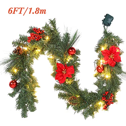 Realistic Christmas Garland with Lights, Fireplace Christmas Garland Decorations with Red Flower and Balls, Indoor Outdoor Fireplace Mantle Christmas Garland Decor 6 FT