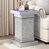LUMISOL Mirrored Square End Table with LED Lights, Silver End Table with Crushed Diamond, Mirror Side Table for Living Room Small Space, No Assembly Required, Silver