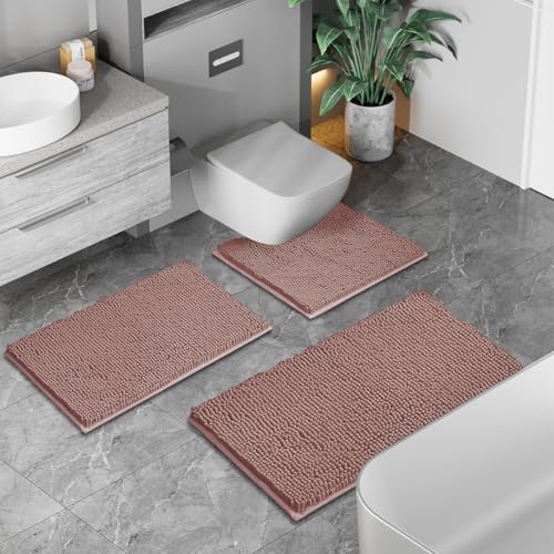 Image of Chenille Bathroom Rugs Set 3 Piece Bath Mats for Bathoom Non-Slip Luxury Bathroom Rug Extra Soft and Absorbent Shaggy Rugs Washable Dry Plush Area Carpet
