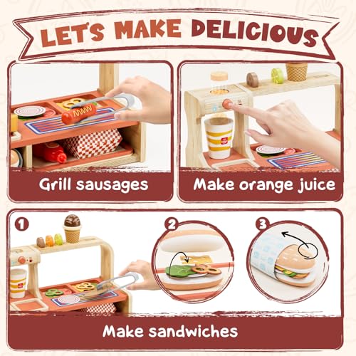 Lehoo Castle Wooden Play Food Sets, Play Hamburger Counter Shop, Toy Food for Toddlers, Play Food Sets for Kids Kitchen, Fake Food Pretend Play for Toddlers 3-5 - Image 4