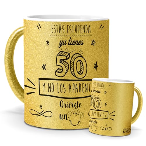 Taza Feliz 50 Años | Ya Tienes 50 y No los Aparentas | Frases Motivadoras para Mujer | Té, Café o Infusiones | Regalo de Cumpleaños | Cerámica Purpurina Oro | Capacidad 350ML