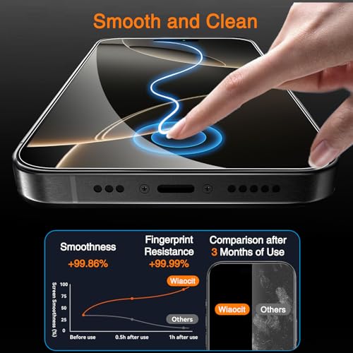 Image of Wiaocit 3 Pack Tempered Glass Screen Protector for iPhone 16 Pro Max with 3 Pack Camera Lens Protector, 9H Hardness, Bubble Free, Case Friendly