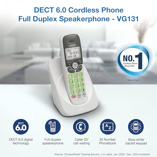 VTech Cordless Phone with DECT 6.0, Full-Duplex Speakerphone, Lighted Display, Backlit Keypad, Caller ID/Call Waiting, Volume Control, Hearing Aid Compatible, Wall Mount | VG131 (White) - Image 3