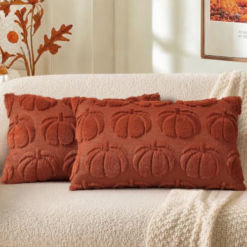 Image of decorUhome Fall Decorative Rust Pumpkin Throw Pillow Covers 12x20 Set of 2, Soft Faux Fur Plush Farmhouse Accent Pillow Cases for Couch Bed Sofa Autumn Harvest Halloween Holiday Home Decor