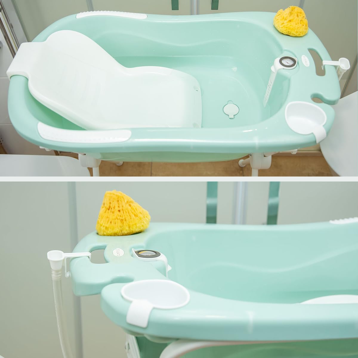 Olmitos - Cubeta Bañera para Bebé | Incluye Reductor Antideslizante y Termómetro de Agua, válvula de vaciado y cacito para agua | Desde 0+ Meses (Menta)