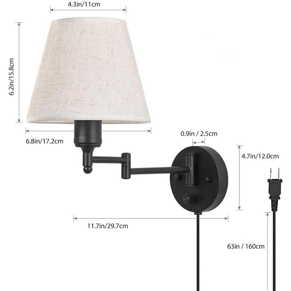 AoLa Wandleuchte Schwarz Metall Vintage Einstellbar Schwenkarm Wandlampe mit Schalter, 1,6 m Kabel mit Stecker, Stoff Schirm, E27 Bettlampe Wand-Leselampe für Wohnzimmer Schlafzimmer Flur,1 Pack