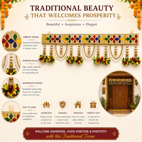 Image of ONESTA Traditional Handmade Door Toran for Main Door | Decorative Bandarwal with Colorful Mirror Design Pearl Chains & Floral Tassels | Festive Door Hanging for Diwali Navratri Wedding & Housewarming Decor 3 Feet (Size 36 Inch Pack 01)