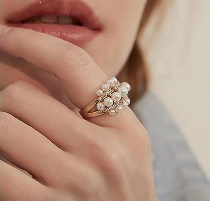 HUASAI Pearl Rings for Women Adjustable Open Pearls Finger Ring Stretch Stackable Rings Wedding Ring Accessories Jewelry Gifts Stocking Stuffers2