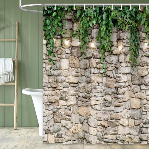 Pinpai Stone Brick Wall Shower Curtain, Green Leaves Shower Curtain Set for Bathroom, Vintage 3D Vine with Lights Fabric Shower Curtain Restroom Bathtub Decor Accessories with Hooks 72X 84 inch by Pinpai - Used condition - Image 2