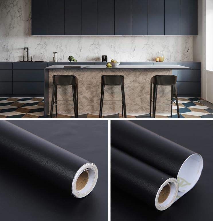 Image of WALLMATE? Black Peel and Stick Wallpaper Self-Adhesive Removable Wallpaper Thicken Waterproof Wallpaper for Kitchen Countertop Cabinet (2 Feet by 4 Feet, Matte Black Wallpaper)
