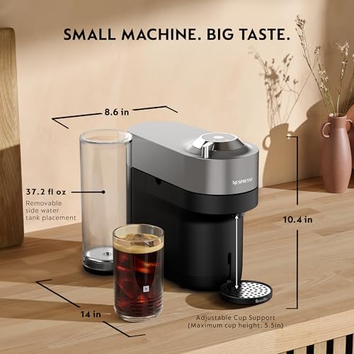 Nespresso Vertuo Pop+ Deluxe Coffee Machine with Milk Frother, Titan Silver | Coffee and espresso maker by Breville with 37 fl. oz. side tank. Aeroccino3 milk frother bundle for hot or cold milk foam. - image 3