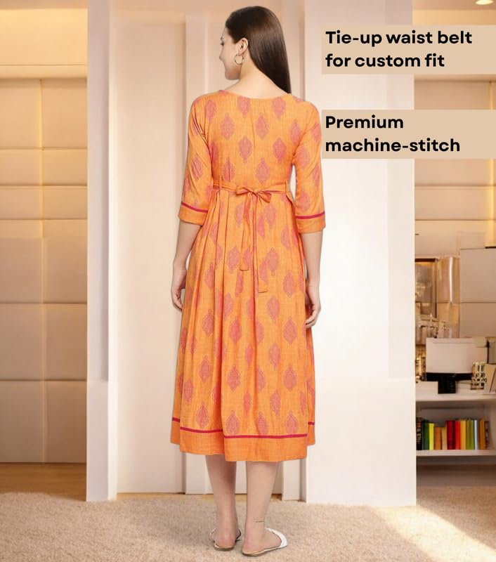 Image of DUMMY SHAPE Maternity Dresses for Women Cotton Rayon | Peach Printed Feeding Flare Kurta with Dual Nursing Zippers to Breastfeeding | Pre & Post Pregnancy | Gift for Pregnant Woman (D-M-P055 XL)