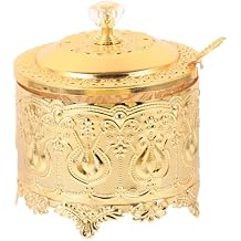 Uonlytech Embossed Candy Jar with Lid and Spoon Small European Style Decorative Candy Dish Storage Canister for Kitchen and Dining 4.33X3.66X3.66In