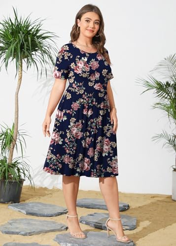 Image of POSESHE Womens Plus Size Summer Dress 2026 Casual Short Sleeve Empire Waist Loose Fit Swing T-Shirt Dress with Pockets