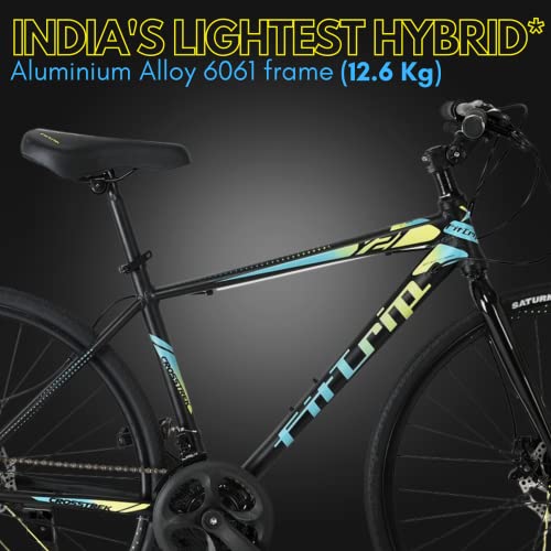 Image of Fittrip Crosstrek Hybrid Cycle | India's Lightest Hybrid | 21 Speed Gearset | Adjustable Stem | Dual Disk Brakes | Yellow-Blue (Large)