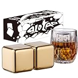2 Large Whiskey Stones 64 cm³ (4 cu in) - Man Gift Set - Reusable Stainless Steel Metal Ice Sphere Cubes Beverage Chilling Rocks Whiskey Stones for Red Wine, Bar Beer, Scotch, Vodka Drinks - Gold