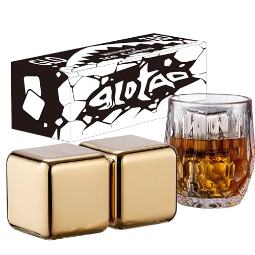 Glotao 2 Pedras Grandes Para Uísque 64 Cm³ (4 Pol³) - Conjunto De Presente Masculino Reutilizável Em Aço Inoxidável Com Esferas Gelo Metal Bebidas, Vinho Tinto, Cerveja Bar, Uísque, Vodca, Dourado