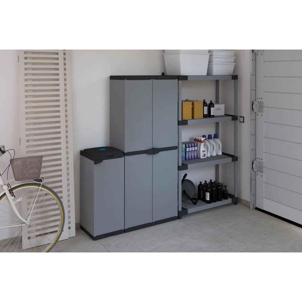 Kreher Vorteilspack: 2 Schränke aus robustem Kunststoff in hellem Grau. EIN Universalschrank mit 3 Böden, EIN Spindschrank mit Besenfach. Jeder Schrank mit Maß: 68 x 38,5 x 168 cm. TOPP!