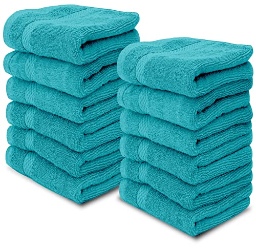 White Classic Luxury Cotton Washcloths 13x13 Inch - 650 GSM Turkish Cotton | Hotel, Spa, Bathroom Face Towel | 12 Pack, Aqua Blue