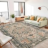 Washable Area Rug Vintage - Living Room Farmhouse Oriental Rug 6x9 Distressed Non-Slip Stain Resistant Carpet for Bedroom Dining Room Home Kitchen Office (6x9 Sage Green/Orange)