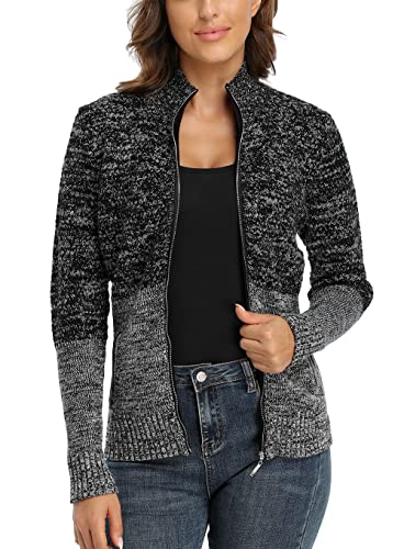Anienaya Women Mock Neck Marled Zip Up Cardigan Sweater W 2 Side Pockets Black #TOP4