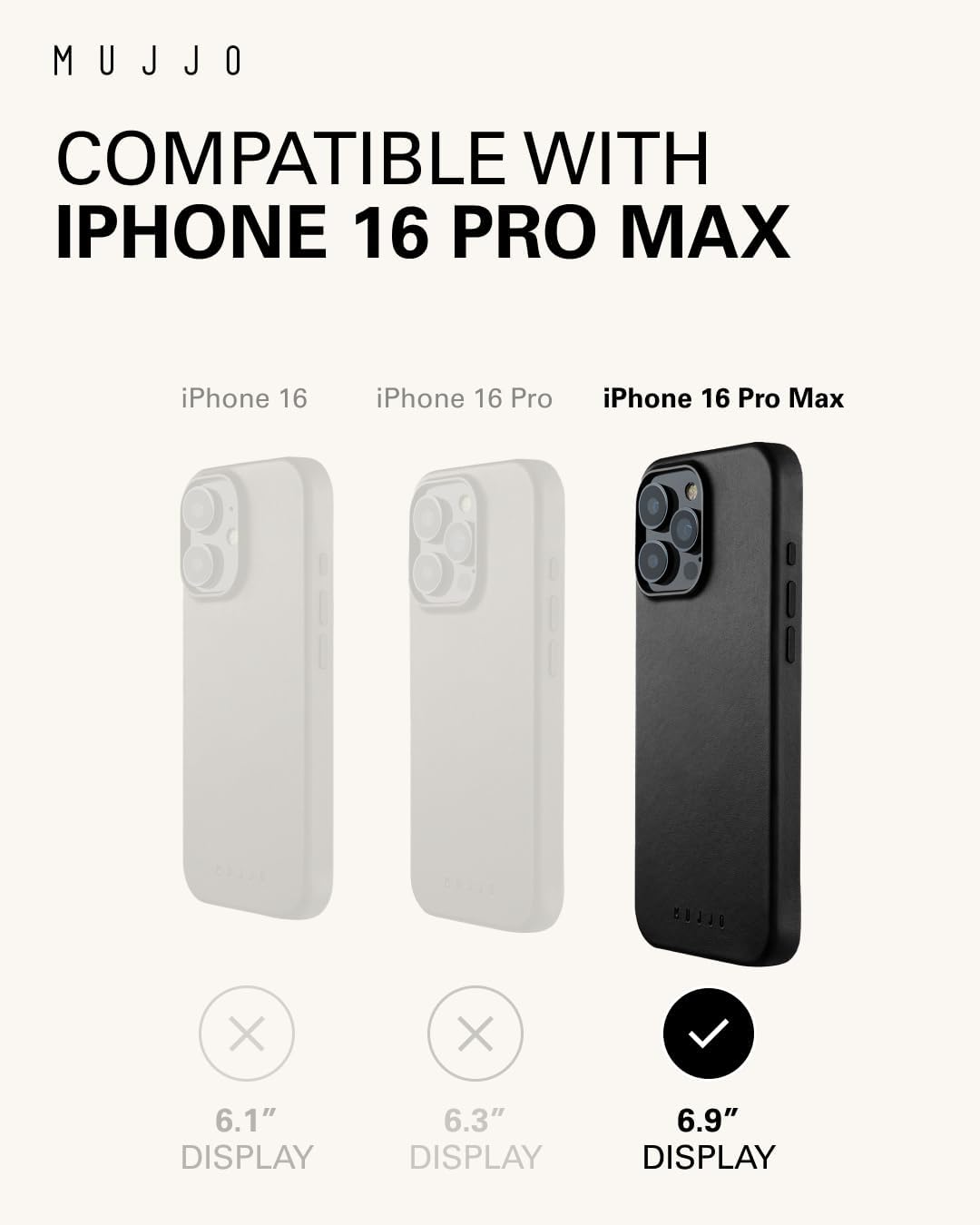 Mujjo Full Leather Case for iPhone 16 Pro Max – Best Leather iPhone 16 Case by NYT Wirecutter – Premium Velore Leather, MagSafe Compatible, Ultra-Durable Protective Design - Black