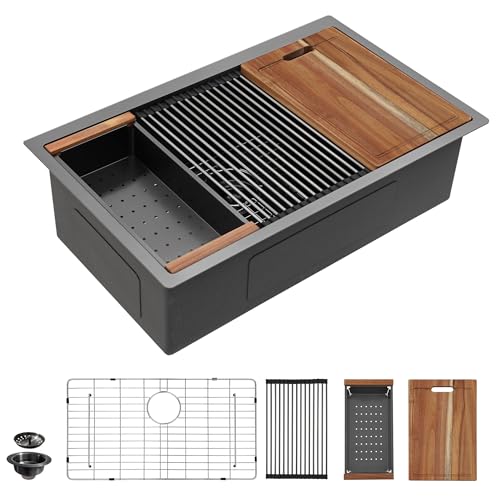 Image of 30 inchx18 inch Undermount Black Kitchen Sink Workstation - Gunmetal Black NANO-PVD, 16 Gauge T304 Stainless Steel, Under Counter Round Corners Single Bowl Sink Basin with Ledge