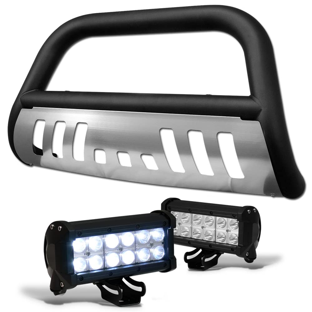 Matte Black Bull Bar Push Front Bumper Grille Guard with Aluminum Skid Plate + 36W CREE LED Fog Lights Compatible with 04-23 Ford F150 / 03-17 Expedition / 03-14 Lincoln Navigator / 06-08 Mark LT