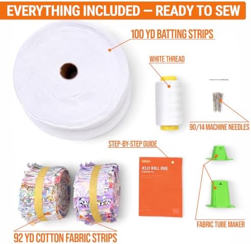 VONEEDL Jelly Roll Rug Starter Kit - 92 yd Cotton Fabric Strips (Light Purple) + 100 yd Batting Strips + Fabric Tube Maker + White Thread + Machine Needles 90/14 for Quilting, Rugs, Blankets & Bags