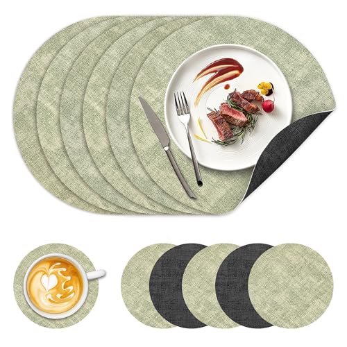 Image of 13 inch Round Placemats Set of 6, NCUE Dual-Sided Faux Leather Heat Resistant Table Mats, Waterproof Oilproof Washable Protective Table Placemats with Coaster, Wipeable Vinyl for Indoor & Outdoor Use