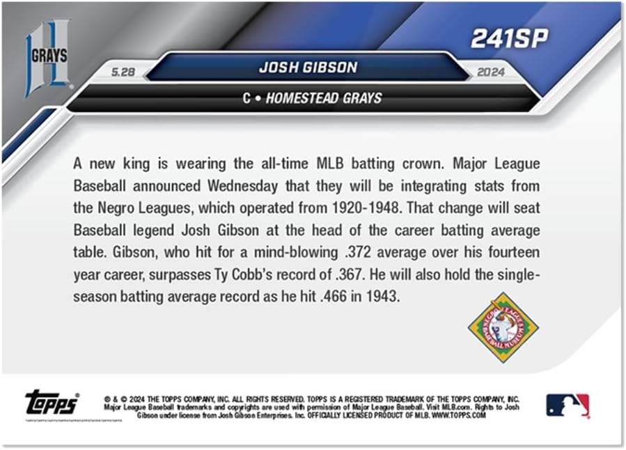 2024 Topps Now Josh Gibson #241SP #/372 Baseball Card