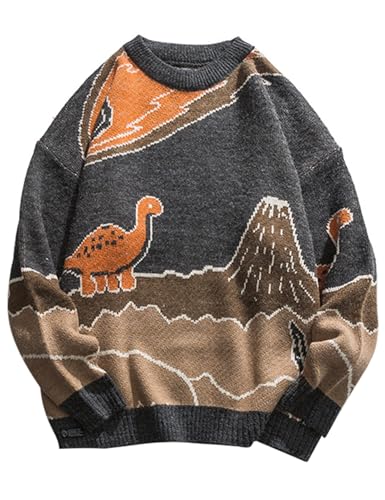 Image of Arssm Mens Oversized Dinosaur Sweater Knit Crewneck Vintage Tops | Unisex Cartoon Sweater, Pullover, Long Sleeve, Cozy Sweater
