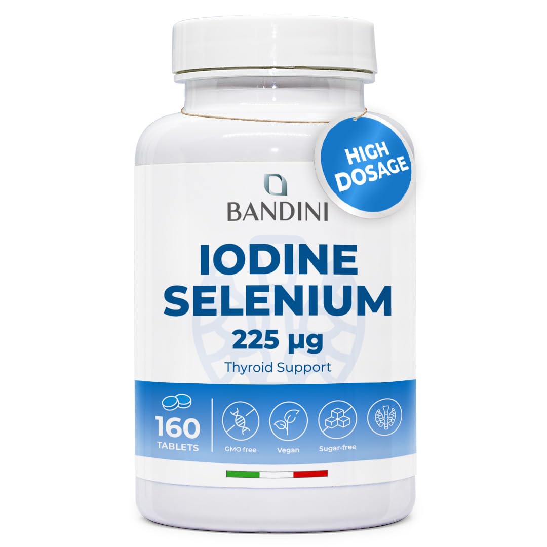 Bandini® Iodine 225 mcg + Selenium 100 mcg - 160 Tablets - High Absorption and Dosage - Dietary Supplement of Potassium Iodide KI + Selenium Methionine - Vegan, Non-GMO - Made in Italy
